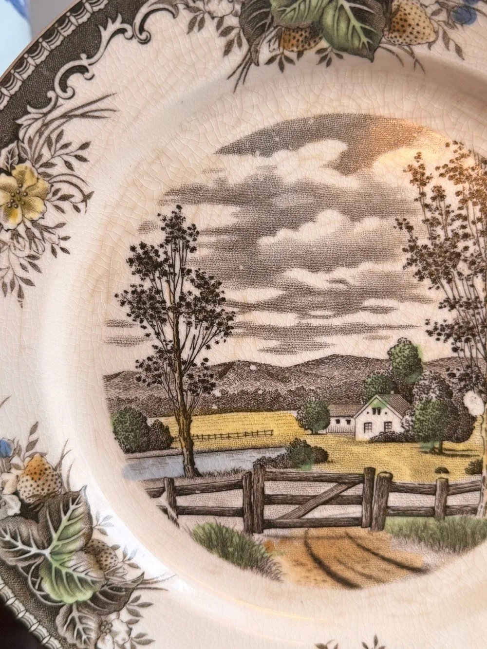 Vintage Scenic Farmhouse Decorative Dinner Plate - Cream, Brown, Green